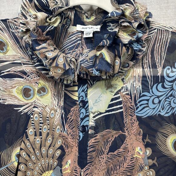 Jaipur Peacock Tunic Top M Semi Sheer Unique Ruffle Collar Boho Artsy Statement - Picture 4 of 8